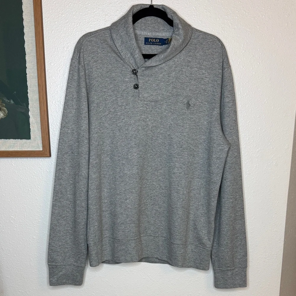Polo by Ralph Lauren Jersey Shawl-Collar Pullover‎ Sweater in Gray - Med